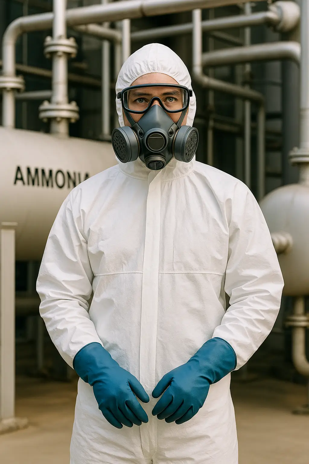 Industrial worker wearing ammonia PPE including goggles, gloves, and respirator in chemical plant