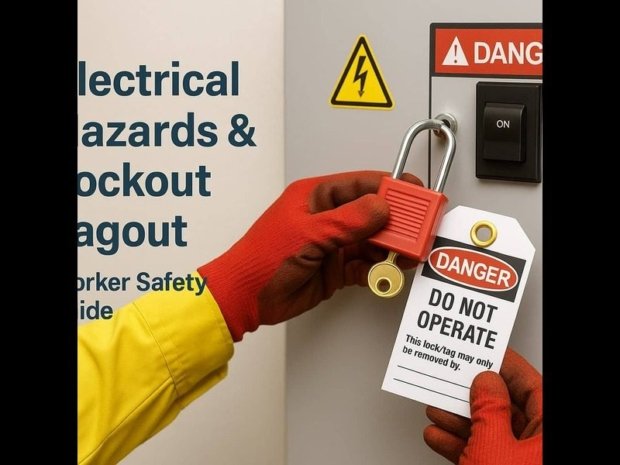 Worker applying lockout/tagout to electrical panel