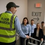Floor warden guiding office workers during emergency evacuation