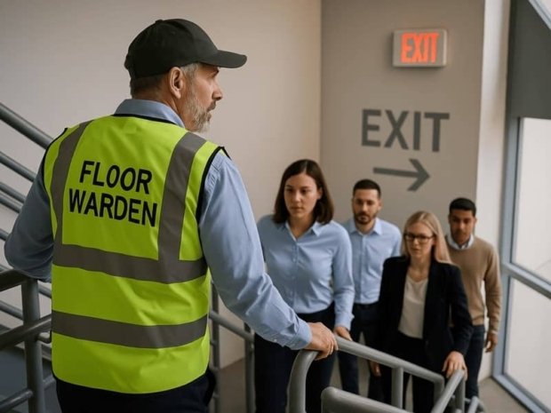 Floor warden guiding office workers during emergency evacuation
