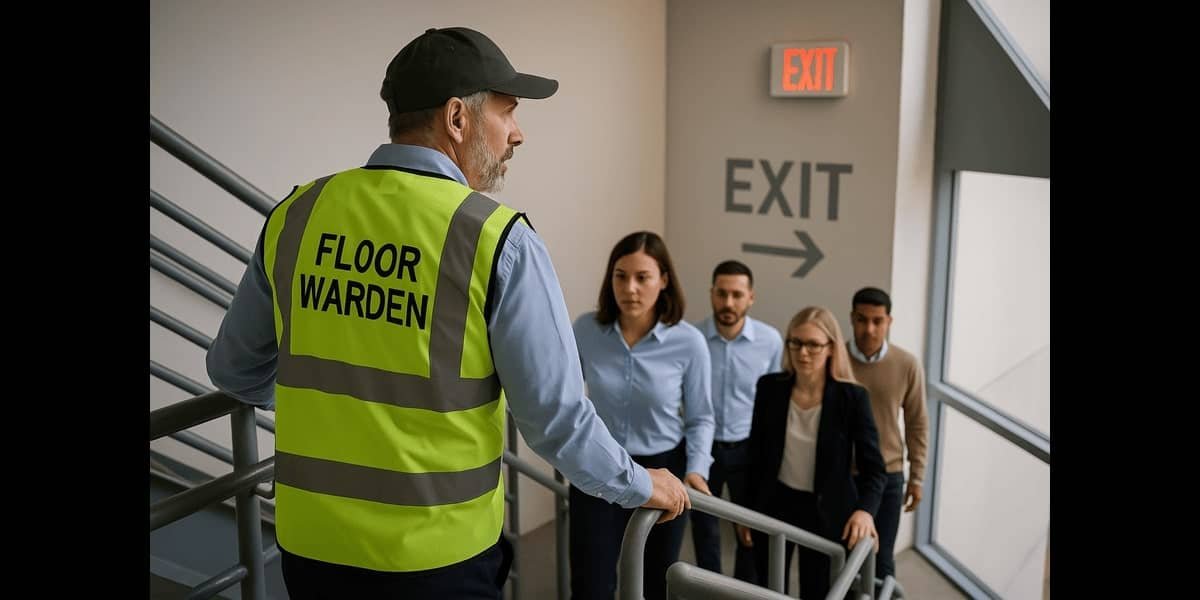 Floor warden guiding office workers during emergency evacuation