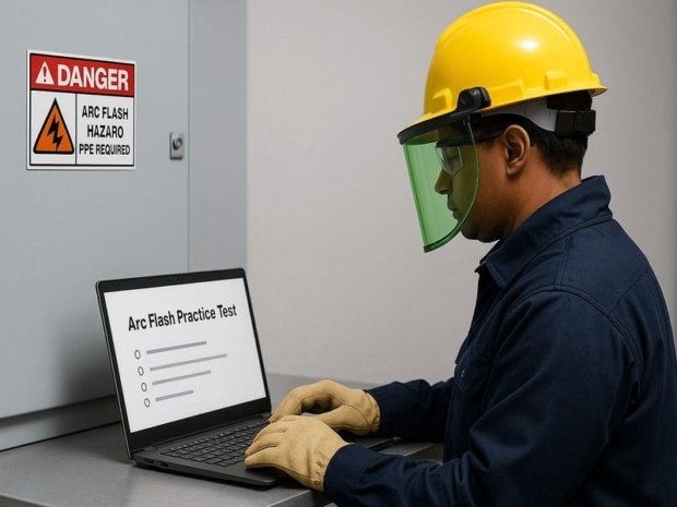 Electrical worker taking arc flash practice test on a laptop