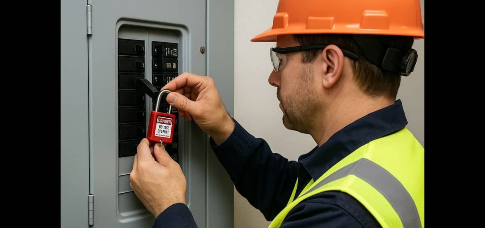Worker applying lockout tagout device on electrical panel