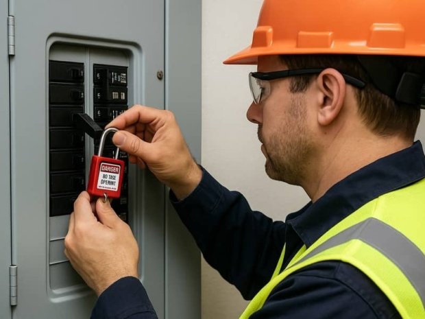 Worker applying lockout tagout device on electrical panel