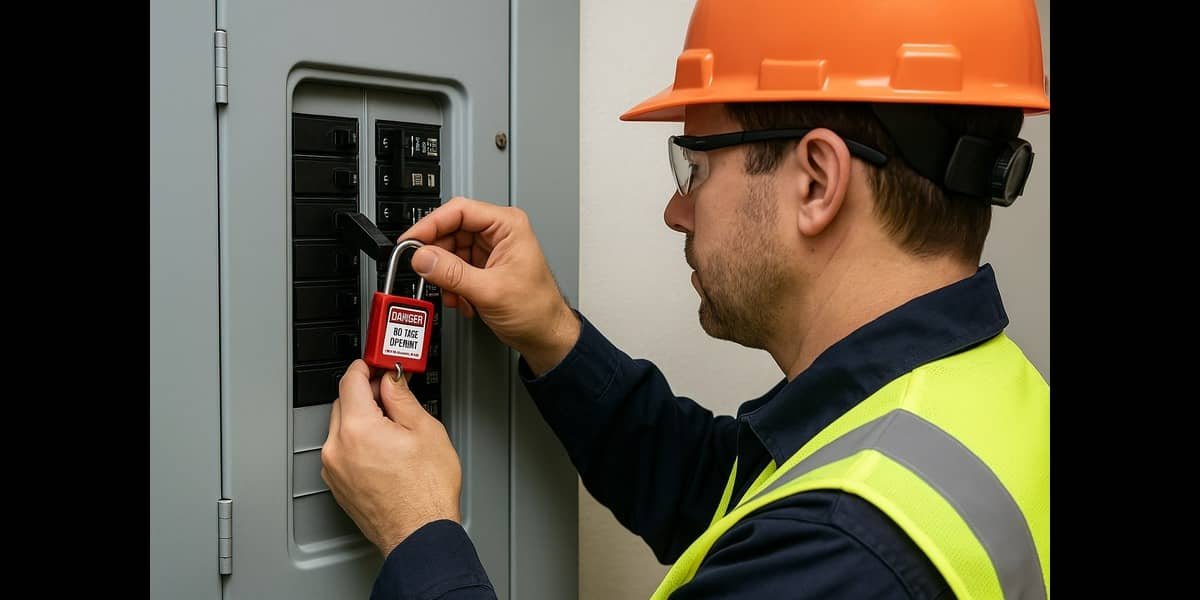 Worker applying lockout tagout device on electrical panel