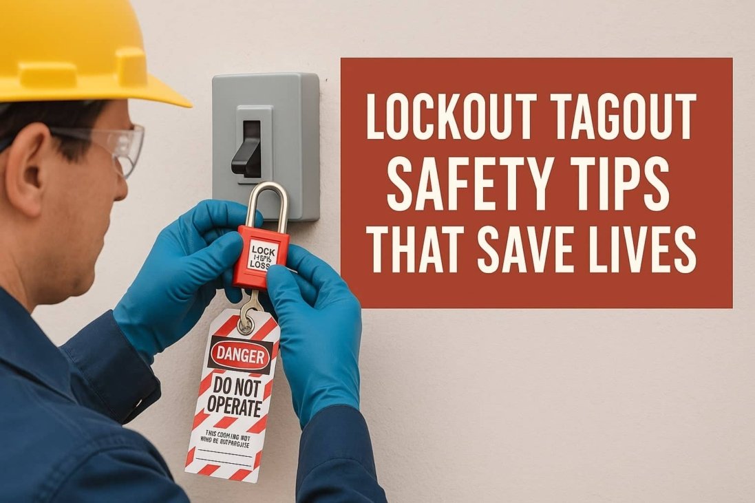Worker applying lockout/tagout device to power switch