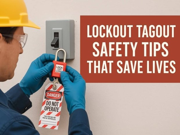 Worker applying lockout/tagout device to power switch