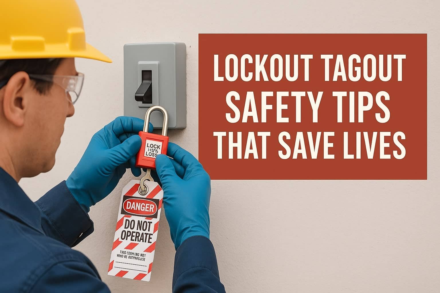 Worker applying lockout/tagout device to power switch