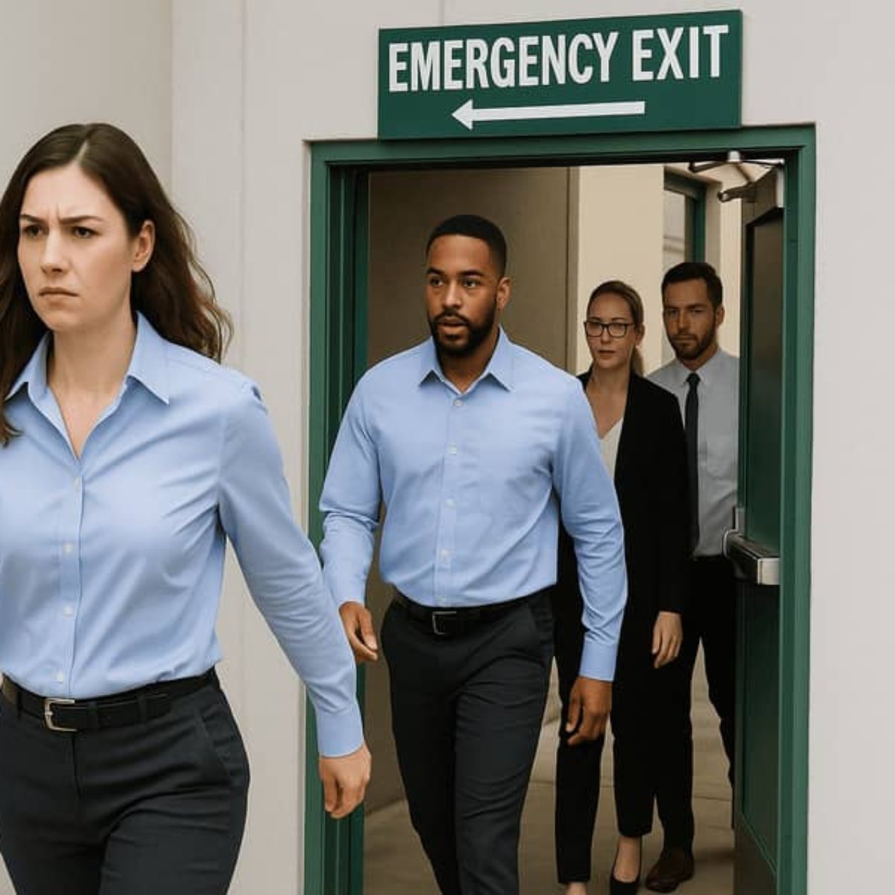 Employees evacuating through a clearly marked emergency exit