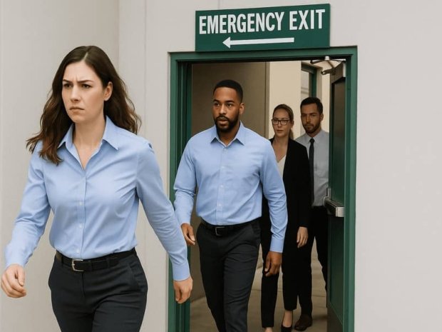 Employees evacuating through a clearly marked emergency exit