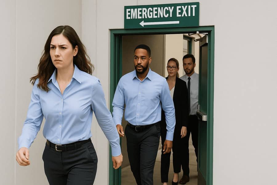 Employees evacuating through a clearly marked emergency exit