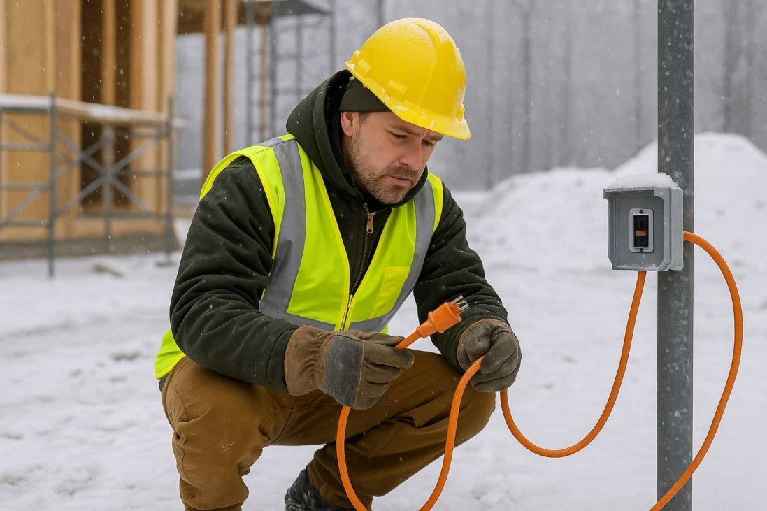 Construction worker inspecting electrical cord in snowy conditions