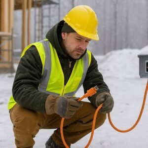 Construction worker inspecting electrical cord in snowy conditions