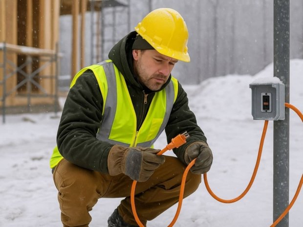 Construction worker inspecting electrical cord in snowy conditions
