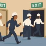 Workers safely evacuating through marked exit routes during an emergency.