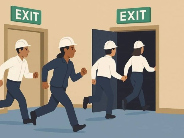 Workers safely evacuating through marked exit routes during an emergency.