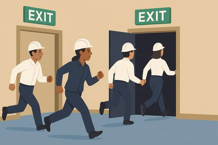Workers safely evacuating through marked exit routes during an emergency.