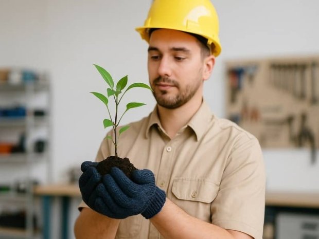 Employee practicing environmental responsibility at work by caring for the environment.