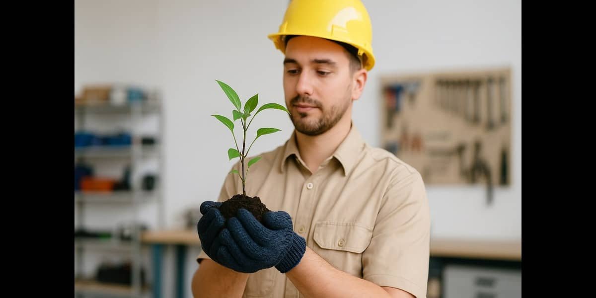 Employee practicing environmental responsibility at work by caring for the environment.