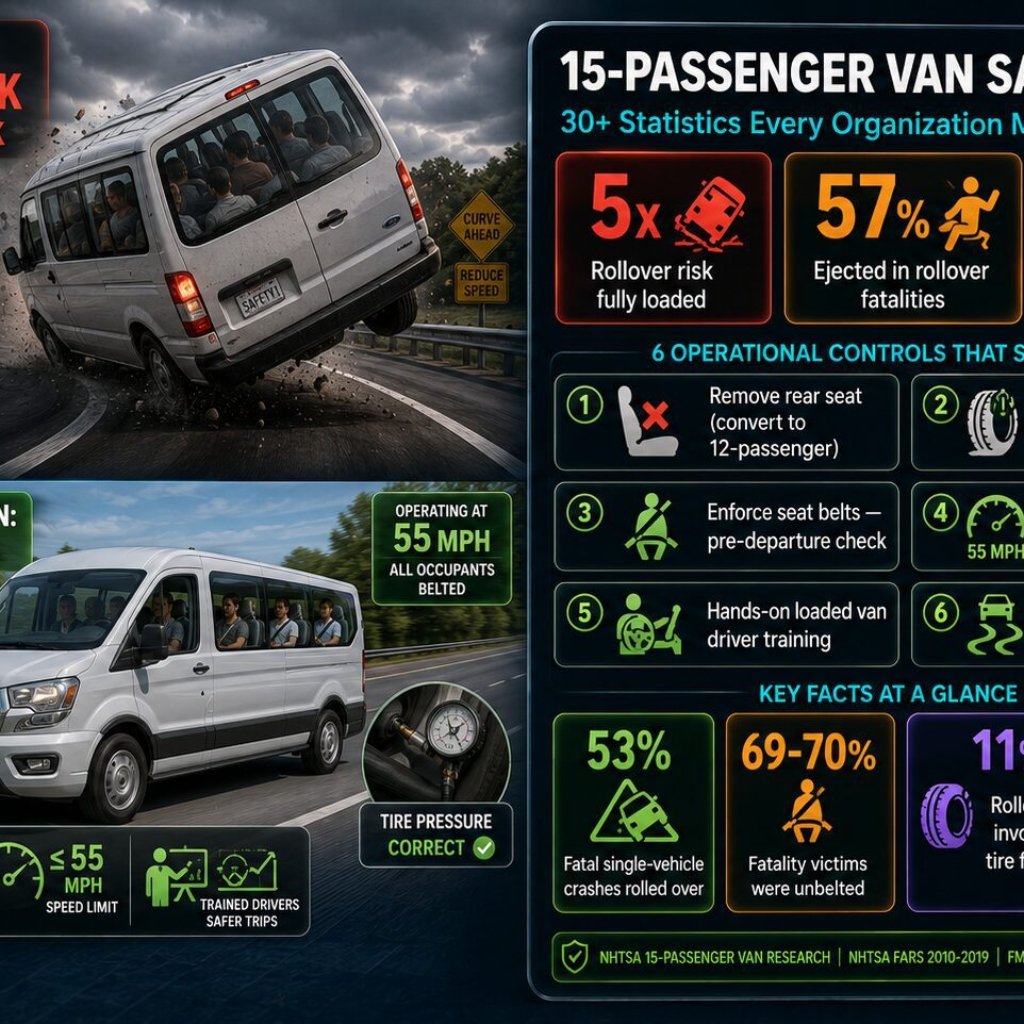 15-passenger van safety statistics for 2025 showing 5 times higher rollover risk when fully loaded, 74 percent of vans have underinflated tires, 57 percent of rollover fatalities were ejected passengers, 69-70 percent of victims unbelted, and NHTSA recommended controls including rear seat removal and 55 mph speed limits