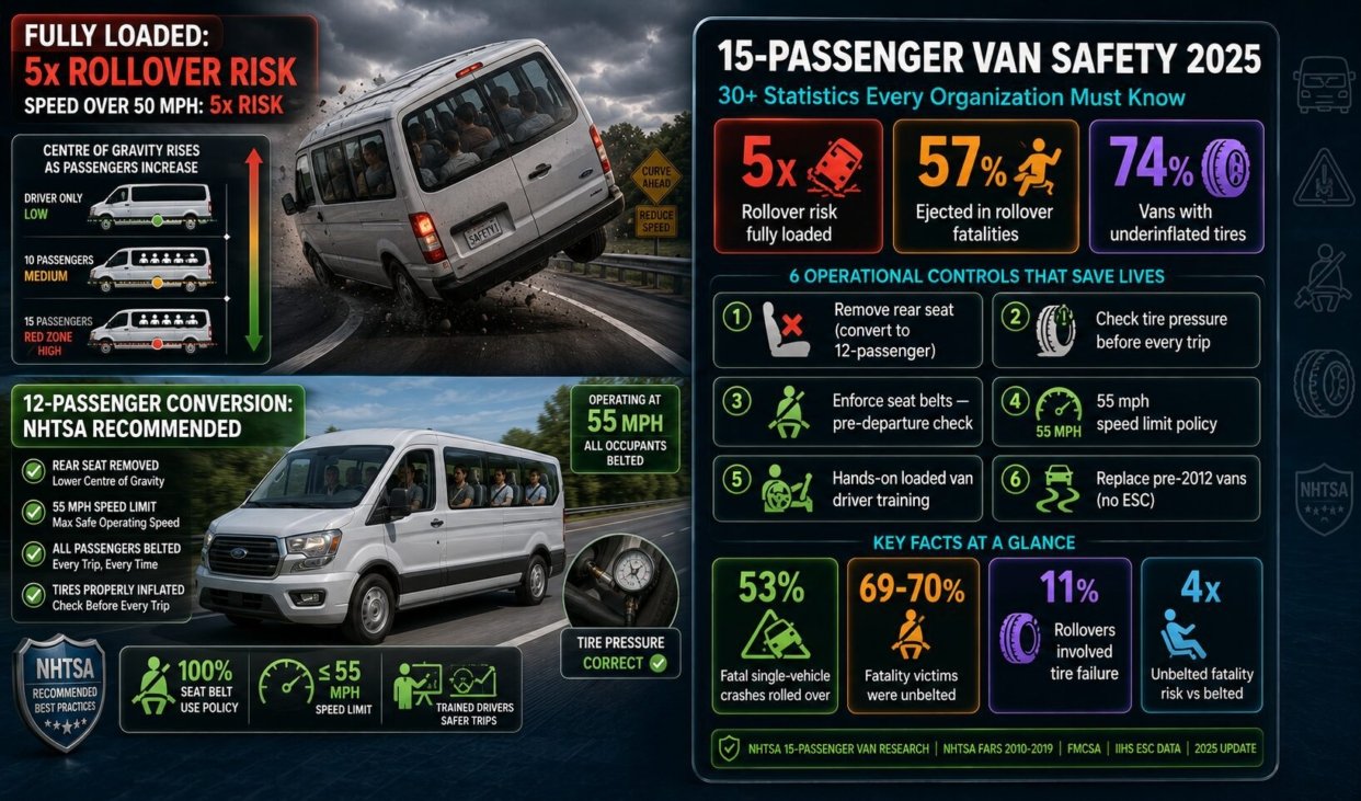 15-passenger van safety statistics for 2025 showing 5 times higher rollover risk when fully loaded, 74 percent of vans have underinflated tires, 57 percent of rollover fatalities were ejected passengers, 69-70 percent of victims unbelted, and NHTSA recommended controls including rear seat removal and 55 mph speed limits
