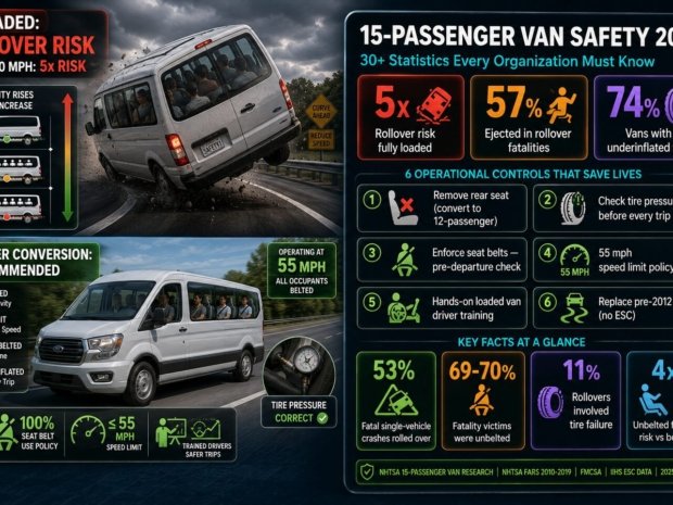 15-passenger van safety statistics for 2025 showing 5 times higher rollover risk when fully loaded, 74 percent of vans have underinflated tires, 57 percent of rollover fatalities were ejected passengers, 69-70 percent of victims unbelted, and NHTSA recommended controls including rear seat removal and 55 mph speed limits