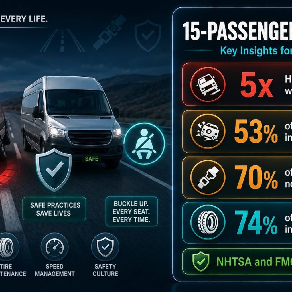 15-passenger van safety insights for organizations showing rollover risk statistics, seat belt fatality data, tire inflation rates and NHTSA safety recommendations