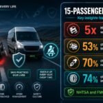 15-passenger van safety insights for organizations showing rollover risk statistics, seat belt fatality data, tire inflation rates and NHTSA safety recommendations