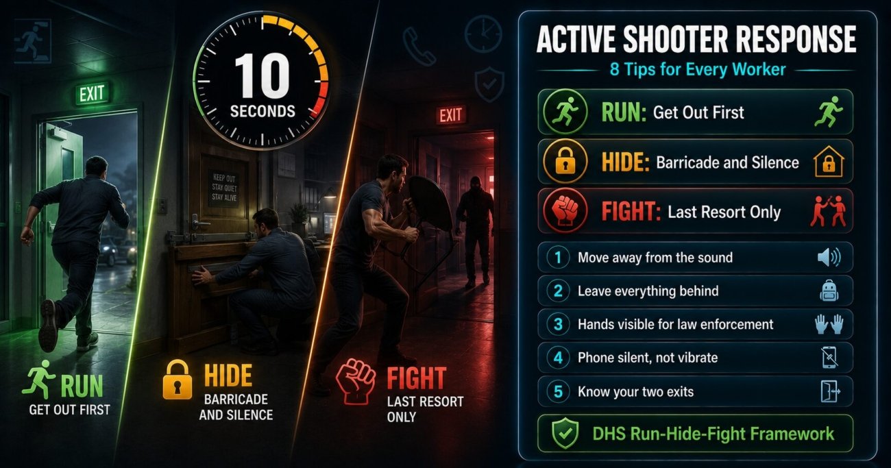 Active shooter response tips covering Run Hide Fight framework, first 10 seconds actions, barricading, phone silence and law enforcement encounter guidance for workplace safety