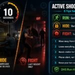 Active shooter response tips covering Run Hide Fight framework, first 10 seconds actions, barricading, phone silence and law enforcement encounter guidance for workplace safety