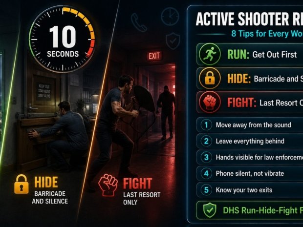 Active shooter response tips covering Run Hide Fight framework, first 10 seconds actions, barricading, phone silence and law enforcement encounter guidance for workplace safety