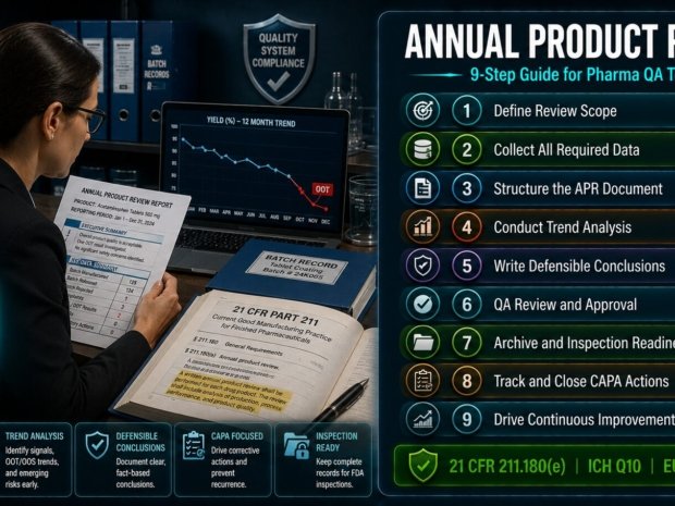 Annual Product Review guide for pharmaceutical QA teams covering 9 steps from data collection and trend analysis to defensible conclusions, CAPA tracking and FDA inspection readiness under 21 CFR 211.180