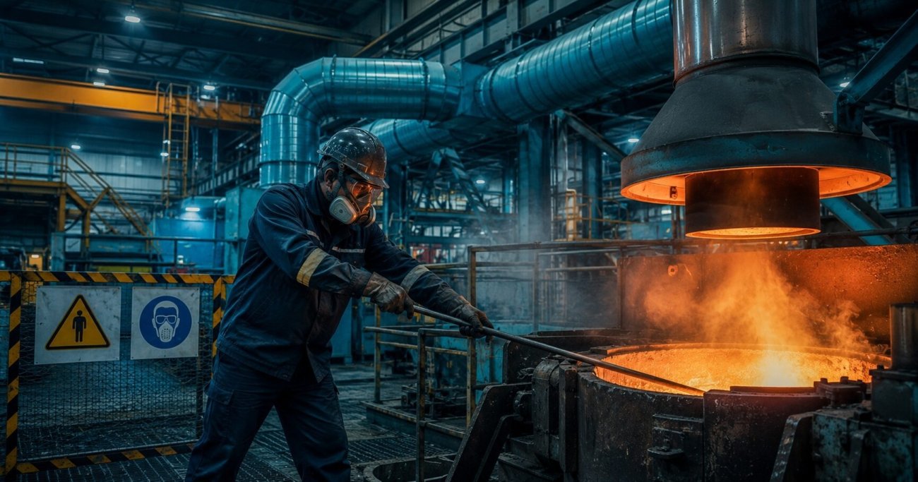 Industrial worker in PPE working near a metal smelting furnace in an OSHA-regulated inorganic arsenic work area