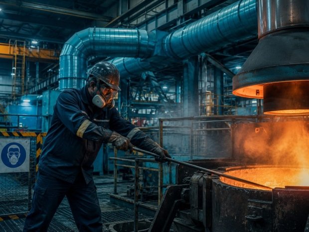 Industrial worker in PPE working near a metal smelting furnace in an OSHA-regulated inorganic arsenic work area