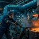 Industrial worker in PPE working near a metal smelting furnace in an OSHA-regulated inorganic arsenic work area
