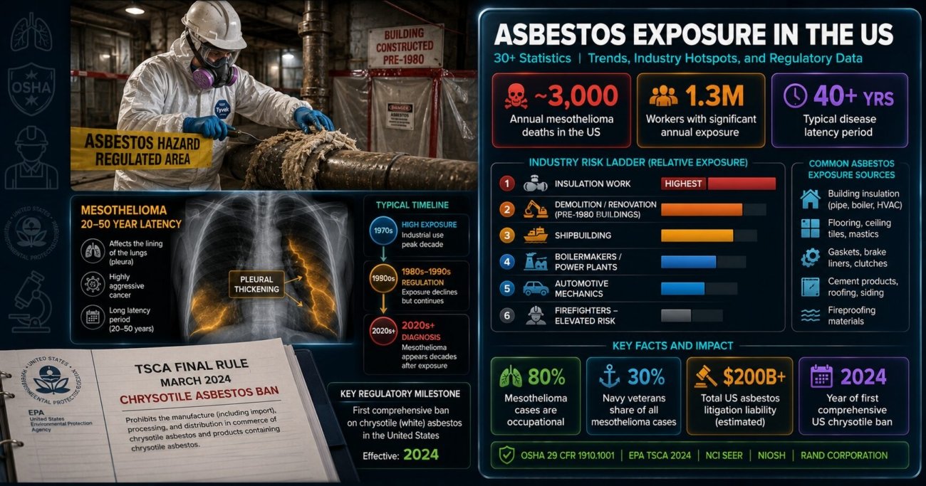 Asbestos exposure statistics for the US showing approximately 3000 annual mesothelioma deaths, 1.3 million workers with significant annual exposure, industry hotspots from insulation work to firefighting, the 2024 EPA chrysotile ban timeline, and OSHA PEL compliance data