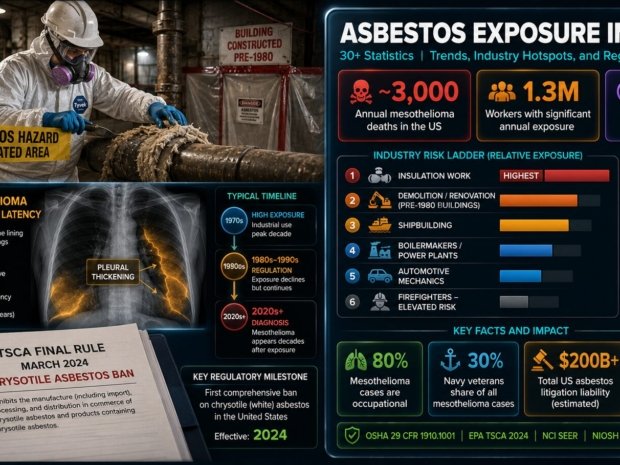 Asbestos exposure statistics for the US showing approximately 3000 annual mesothelioma deaths, 1.3 million workers with significant annual exposure, industry hotspots from insulation work to firefighting, the 2024 EPA chrysotile ban timeline, and OSHA PEL compliance data