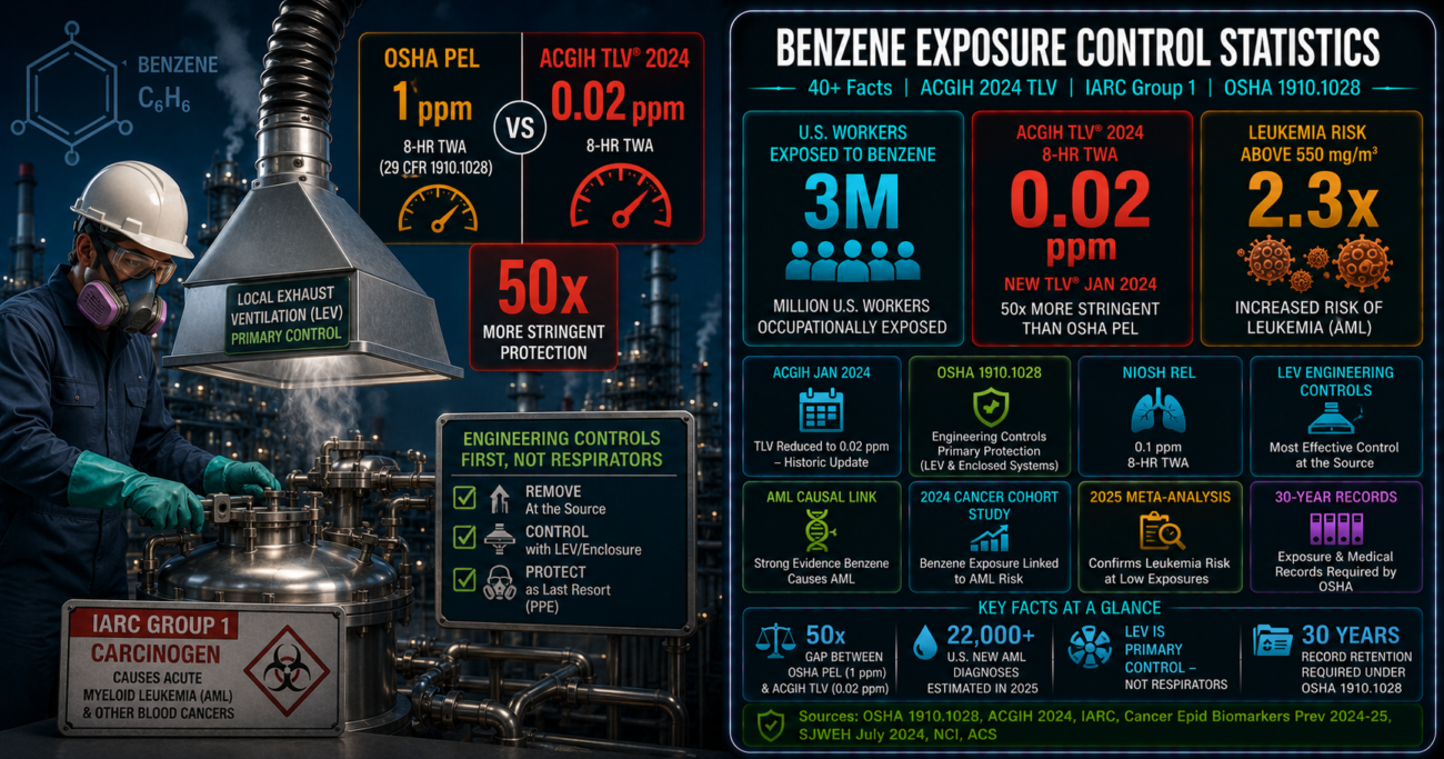 Benzene engineering controls effectiveness statistics infographic showing 3 million U.S. workers occupationally exposed to benzene, ACGIH January 2024 TLV reduction to 0.02 ppm (50 times more stringent than OSHA's 1 ppm PEL), IARC Group 1 carcinogen classification causing acute myeloid leukemia, and OSHA 1910.1028 requirement that local exhaust ventilation and enclosed systems serve as primary exposure controls rather than respirators.