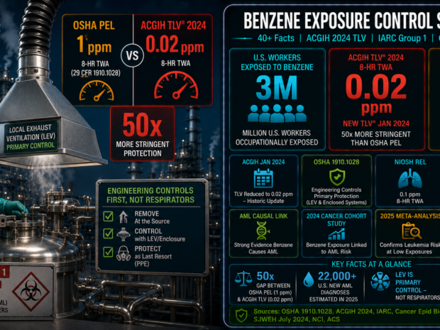 Benzene engineering controls effectiveness statistics infographic showing 3 million U.S. workers occupationally exposed to benzene, ACGIH January 2024 TLV reduction to 0.02 ppm (50 times more stringent than OSHA's 1 ppm PEL), IARC Group 1 carcinogen classification causing acute myeloid leukemia, and OSHA 1910.1028 requirement that local exhaust ventilation and enclosed systems serve as primary exposure controls rather than respirators.