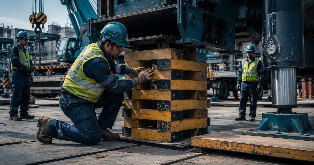 Construction workers building a properly configured box crib stack of composite cribbing blocks beneath heavy equipment at a construction site