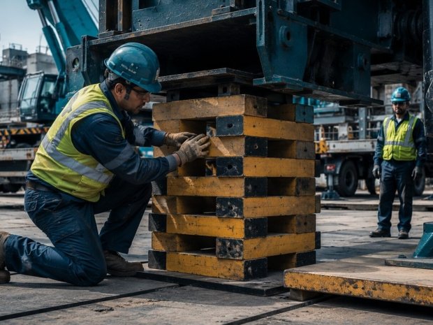 Construction workers building a properly configured box crib stack of composite cribbing blocks beneath heavy equipment at a construction site