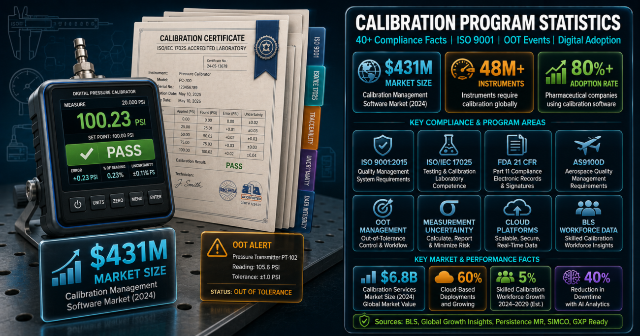 Calibration program statistics infographic showing the $431 million calibration management software market, 48 million instruments requiring global calibration, over 80% pharmaceutical adoption rates, and ISO 9001 compliance requirements -- compiled for safety managers and quality compliance teams.