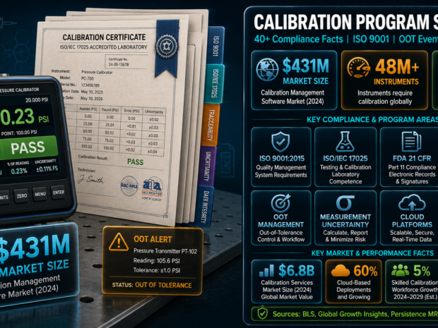 Calibration program statistics infographic showing the $431 million calibration management software market, 48 million instruments requiring global calibration, over 80% pharmaceutical adoption rates, and ISO 9001 compliance requirements -- compiled for safety managers and quality compliance teams.