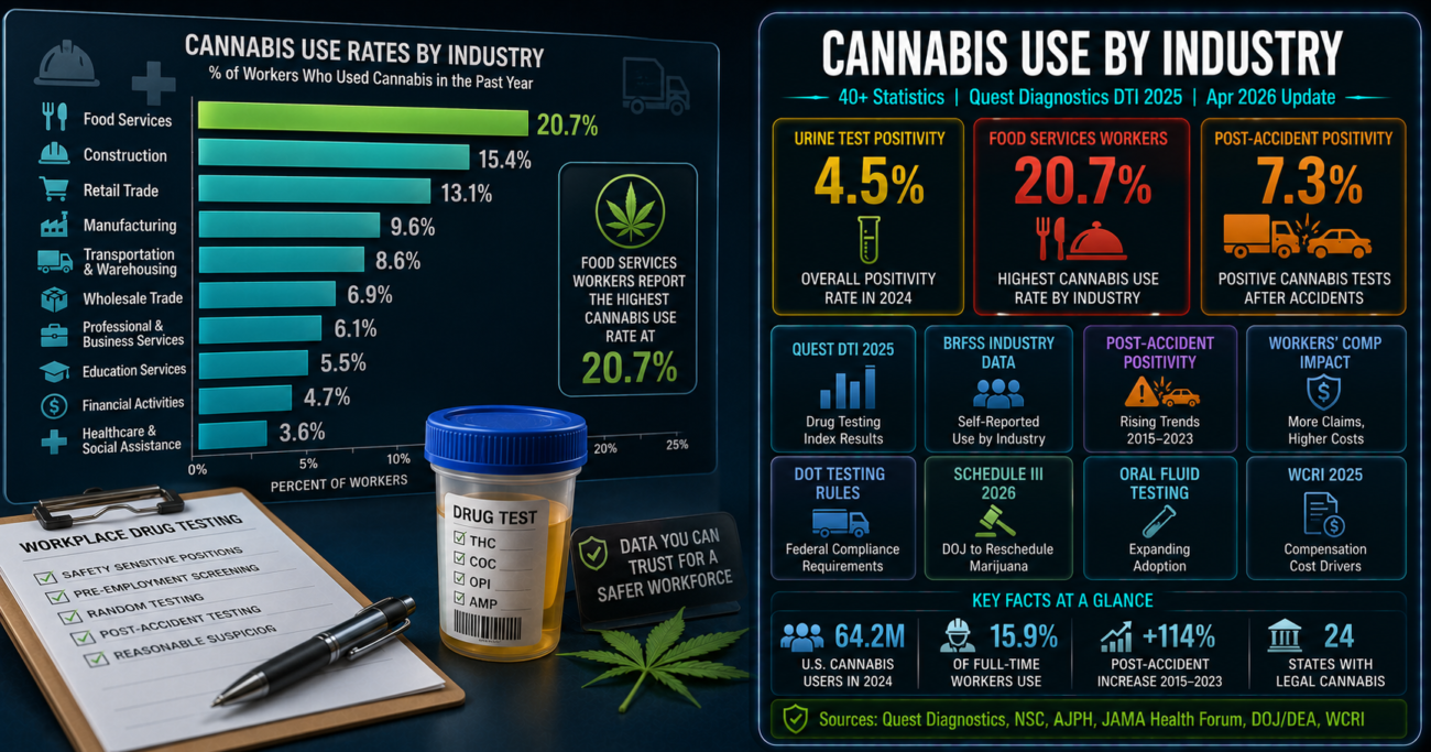 Cannabis use by U.S. industry statistics infographic showing 20.7% cannabis use in food services, 4.5% urine drug test positivity in 2024, 7.3% post-accident positivity, and the April 2026 DOJ partial rescheduling of marijuana to Schedule III, based on Quest Diagnostics 2025 Drug Testing Index and BRFSS workforce data.