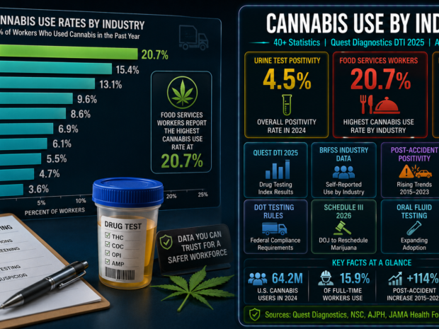 Cannabis use by U.S. industry statistics infographic showing 20.7% cannabis use in food services, 4.5% urine drug test positivity in 2024, 7.3% post-accident positivity, and the April 2026 DOJ partial rescheduling of marijuana to Schedule III, based on Quest Diagnostics 2025 Drug Testing Index and BRFSS workforce data.