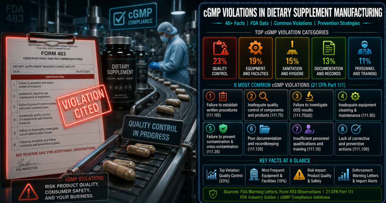 cGMP violations dietary supplement manufacturing infographic showing 46% increase in FDA 483 observations from 2023 to 2024, 33% of facilities cited for specification failures, 600 FY2024 inspections covering approximately 5% of 13,000-15,000 registered facilities, based on FDA data and FOIA records.