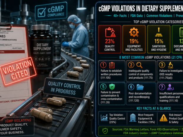 cGMP violations dietary supplement manufacturing infographic showing 46% increase in FDA 483 observations from 2023 to 2024, 33% of facilities cited for specification failures, 600 FY2024 inspections covering approximately 5% of 13,000-15,000 registered facilities, based on FDA data and FOIA records.