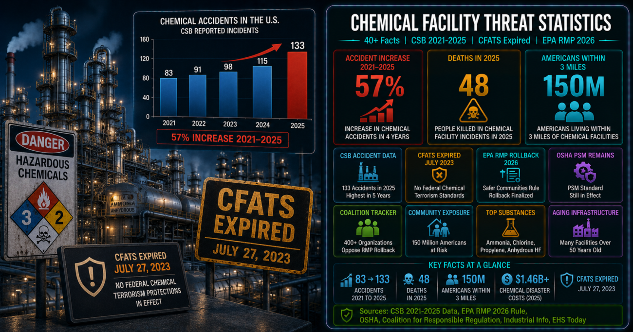 Chemical facility threats U.S. statistics infographic showing 57% increase in serious chemical accidents from 2021 to 2025, 48 deaths in 2025 (nearly double 2024), CFATS chemical security program expired July 2023 leaving 3,200 facilities without mandatory security oversight, and EPA proposing rollback of 2024 Safer Communities chemical accident prevention rule in February 2026.