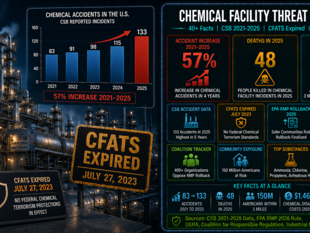 Chemical facility threats U.S. statistics infographic showing 57% increase in serious chemical accidents from 2021 to 2025, 48 deaths in 2025 (nearly double 2024), CFATS chemical security program expired July 2023 leaving 3,200 facilities without mandatory security oversight, and EPA proposing rollback of 2024 Safer Communities chemical accident prevention rule in February 2026.