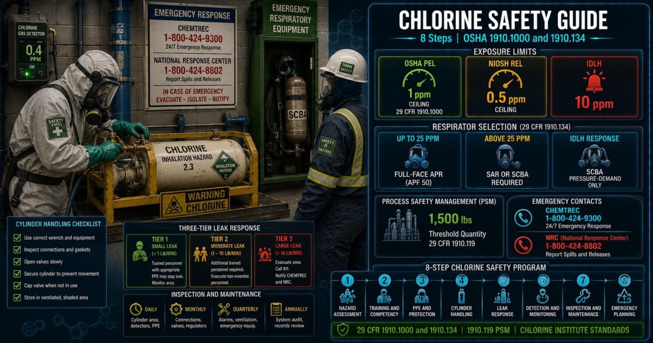 Chlorine safety guide covering OSHA exposure limits 1 ppm ceiling and IDLH at 10 ppm, respirator APF-based selection, PSM requirements at 1500 pounds, cylinder handling procedures, three-tier leak response and inspection schedules under 29 CFR 1910.1000 and 1910.134